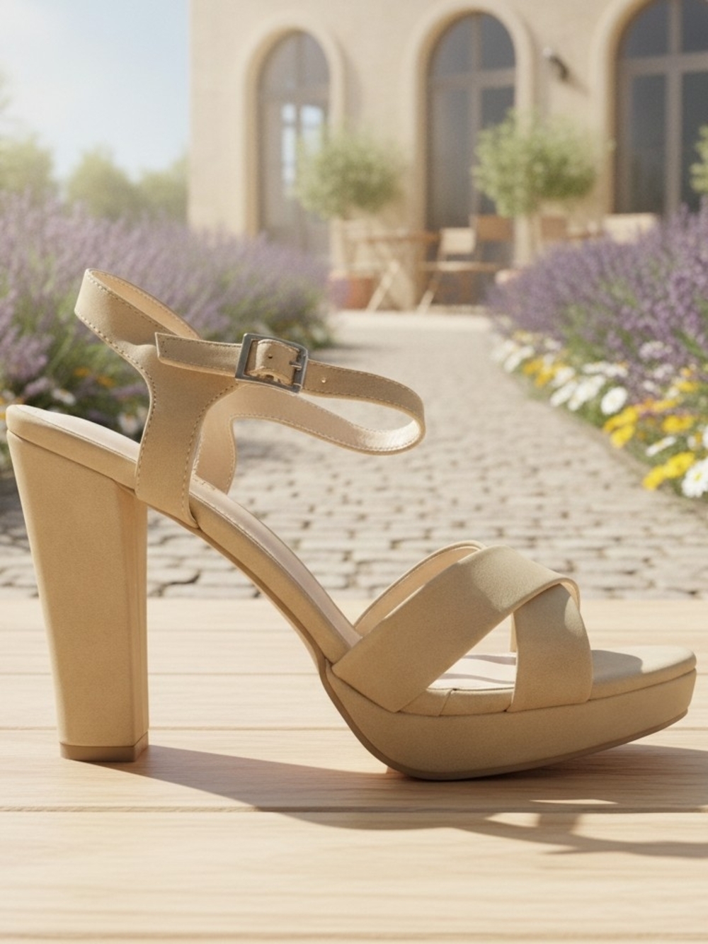 Platform 'Reda' Block Heel Sandal with Ankle Strap-Nude Nubuck